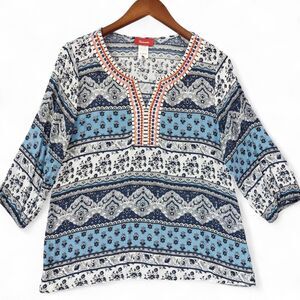 Panhandle Shirt Womens Sz L Blue White Boho Tunic 3/4 Sleeve Split Neck Western